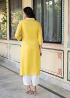 Juniper Yellow Embroidered Viscose Kurta With Printed Cotton Pant | Grocsy