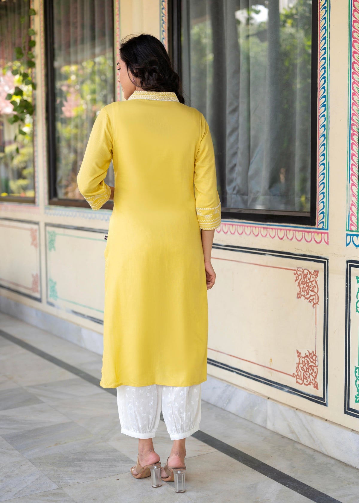 Juniper Yellow Embroidered Viscose Kurta With Printed Cotton Pant | Grocsy