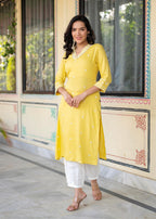 Juniper Yellow Embroidered Viscose Kurta With Printed Cotton Pant | Grocsy