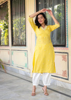 Juniper Yellow Embroidered Viscose Kurta With Printed Cotton Pant | Grocsy