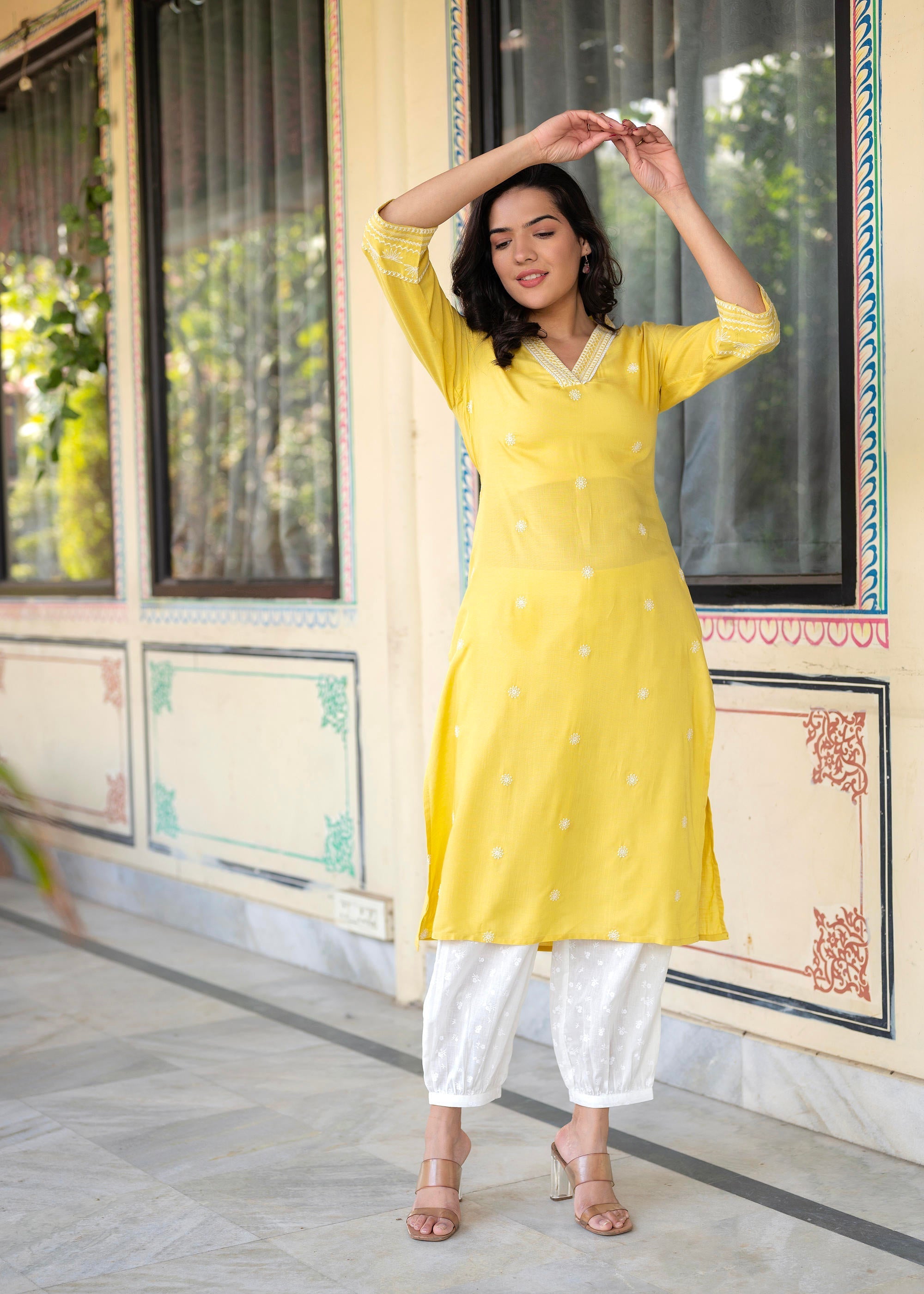 Juniper Yellow Embroidered Viscose Kurta With Printed Cotton Pant | Grocsy