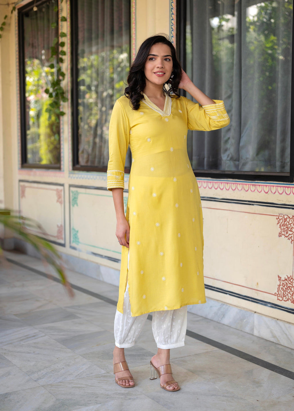 Juniper Yellow Embroidered Viscose Kurta With Printed Cotton Pant | Grocsy