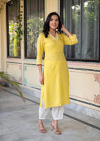 Juniper Yellow Embroidered Viscose Kurta With Printed Cotton Pant | Grocsy