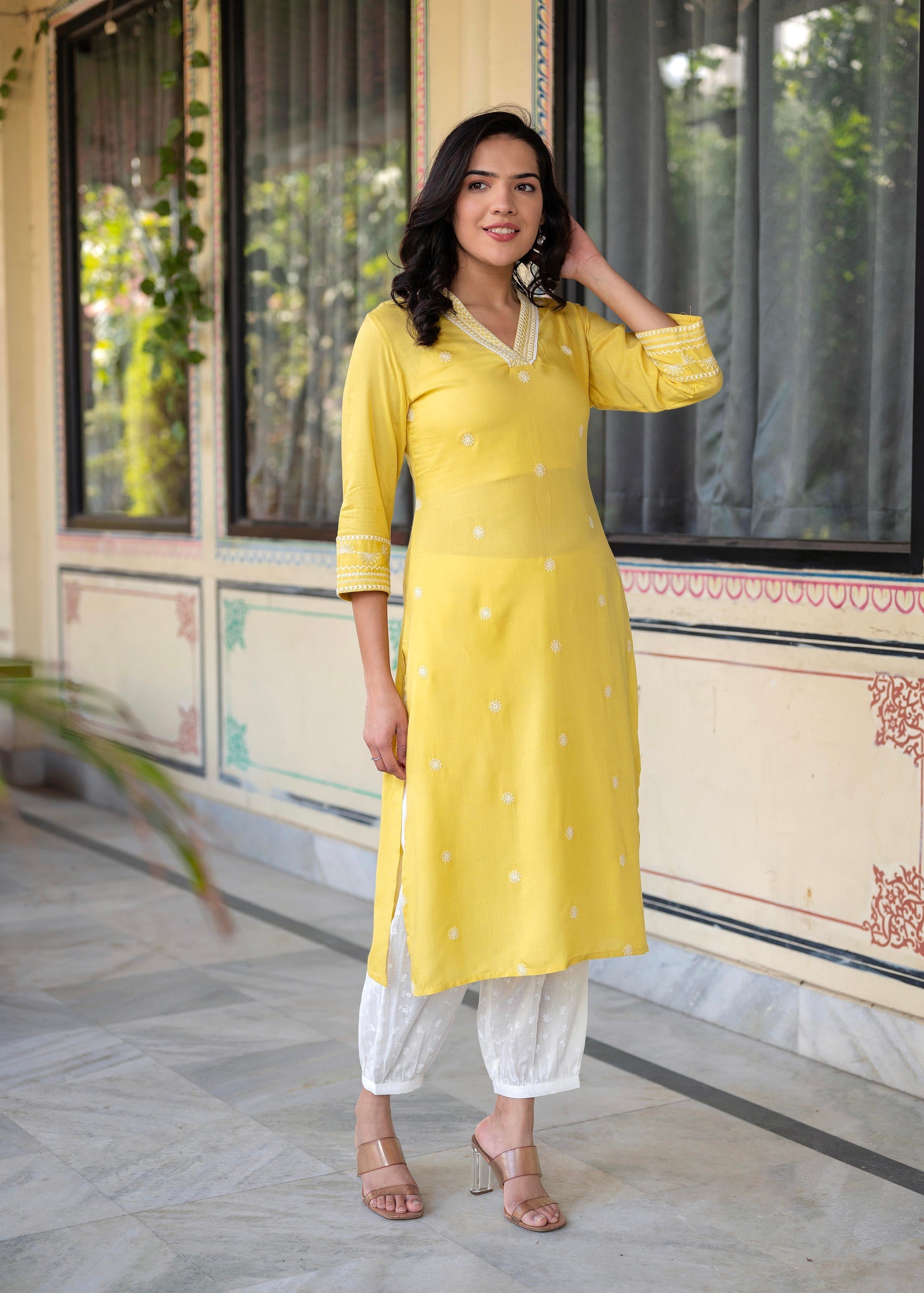 Juniper Yellow Embroidered Viscose Kurta With Printed Cotton Pant | Grocsy