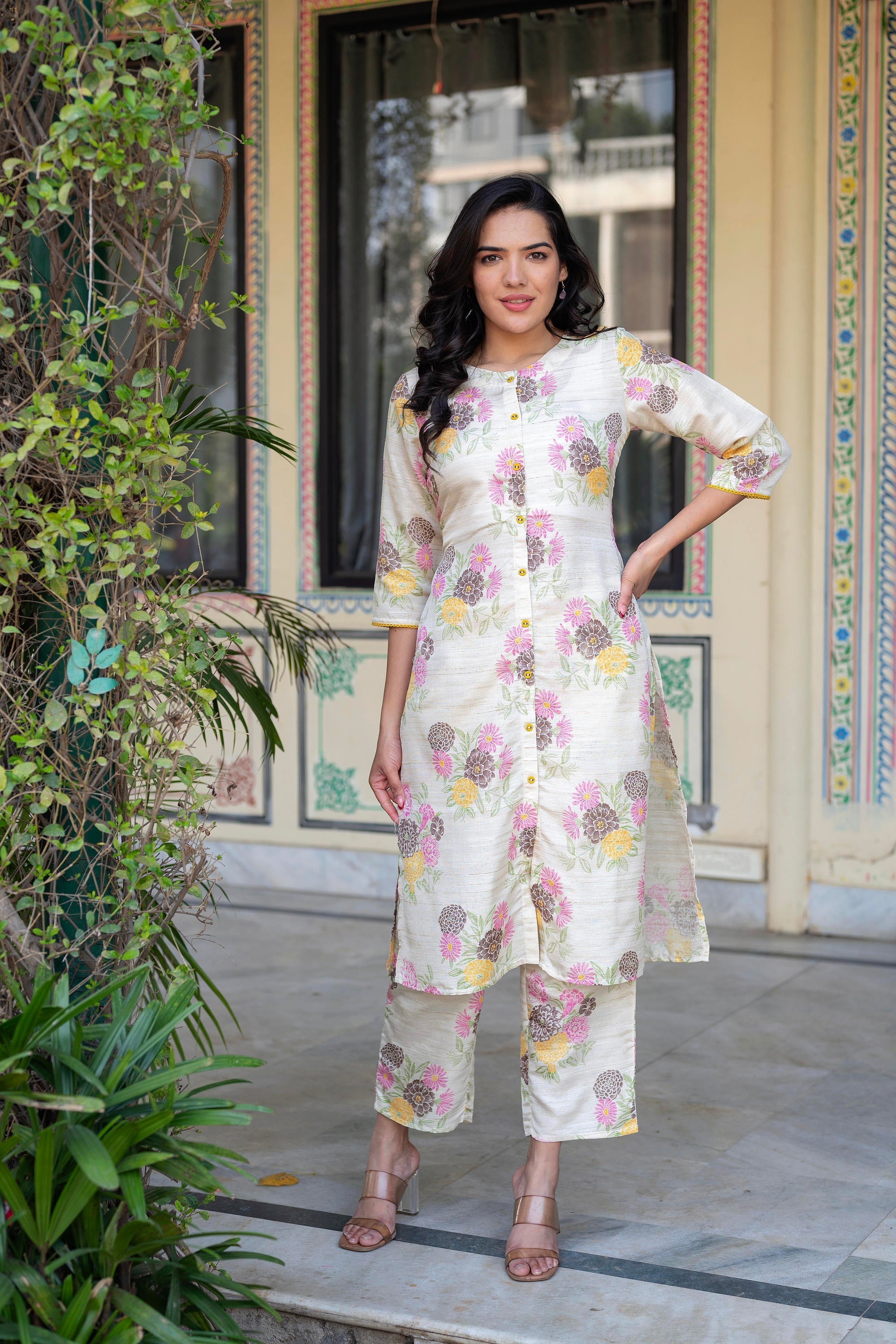 Juniper Ivory Floral Viscose Kurta with Printed Cotton Pant & Button Details | Grocsy