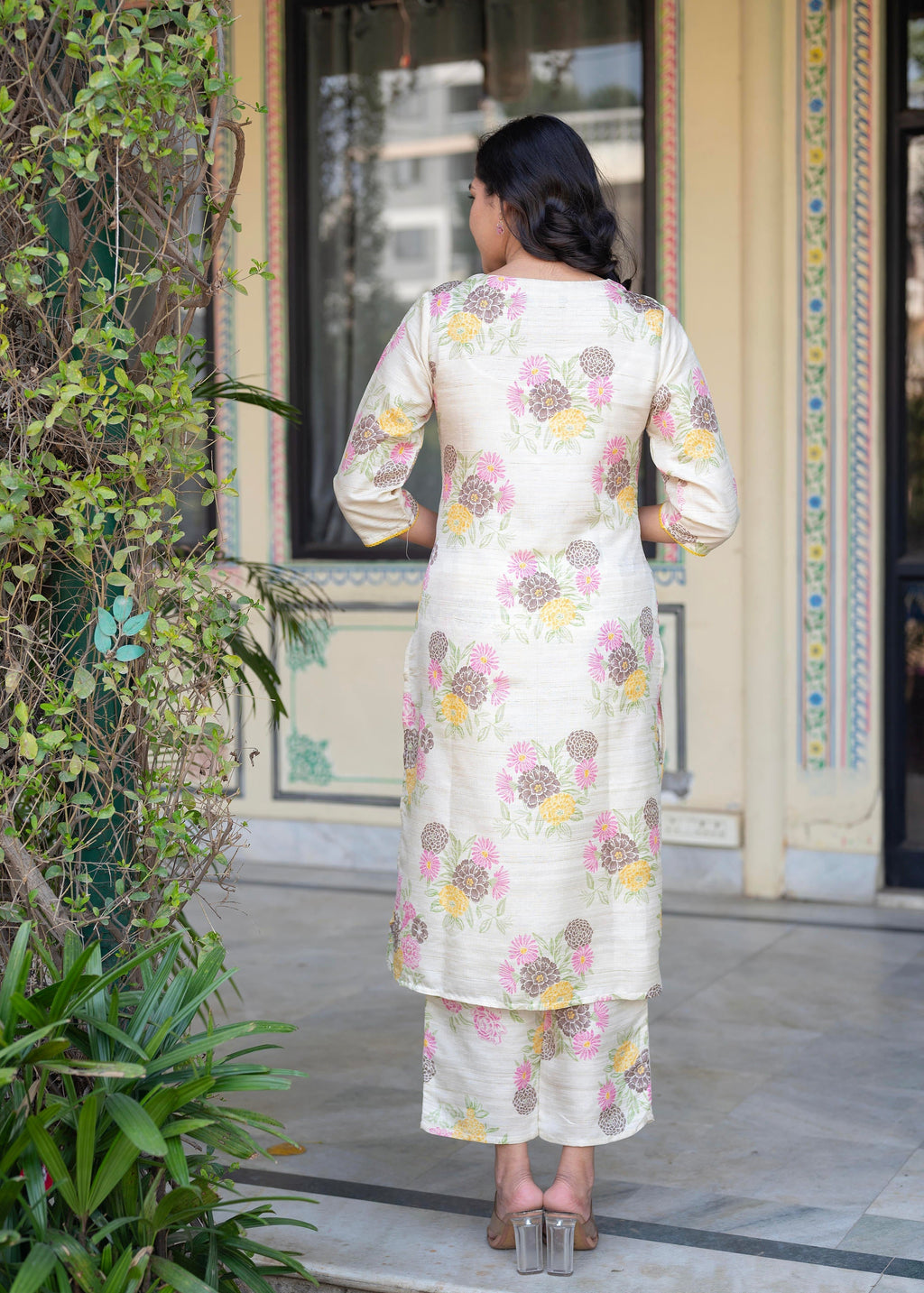 Juniper Ivory Floral Viscose Kurta with Printed Cotton Pant & Button Details | Grocsy