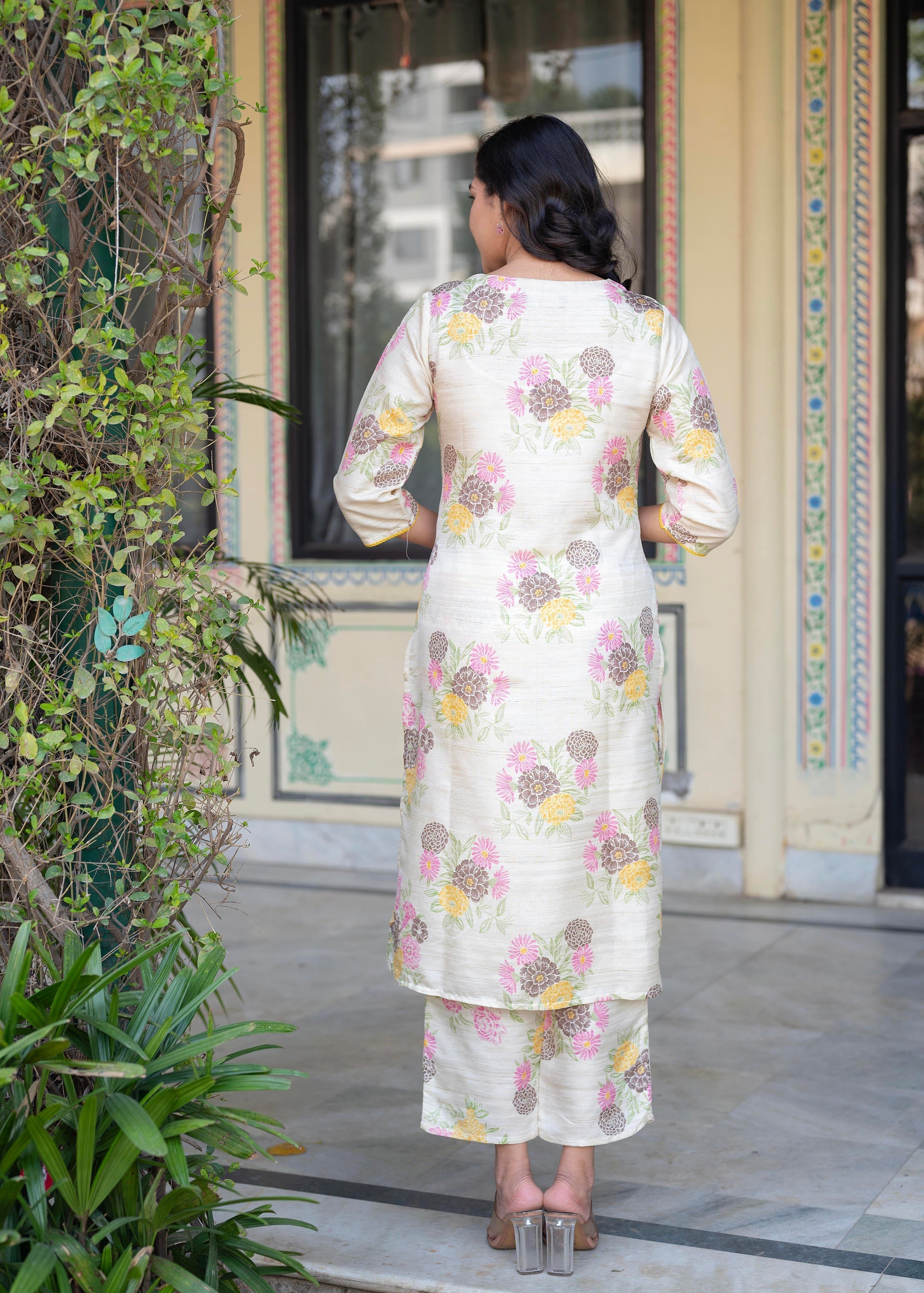 Juniper Ivory Floral Viscose Kurta with Printed Cotton Pant & Button Details | Grocsy