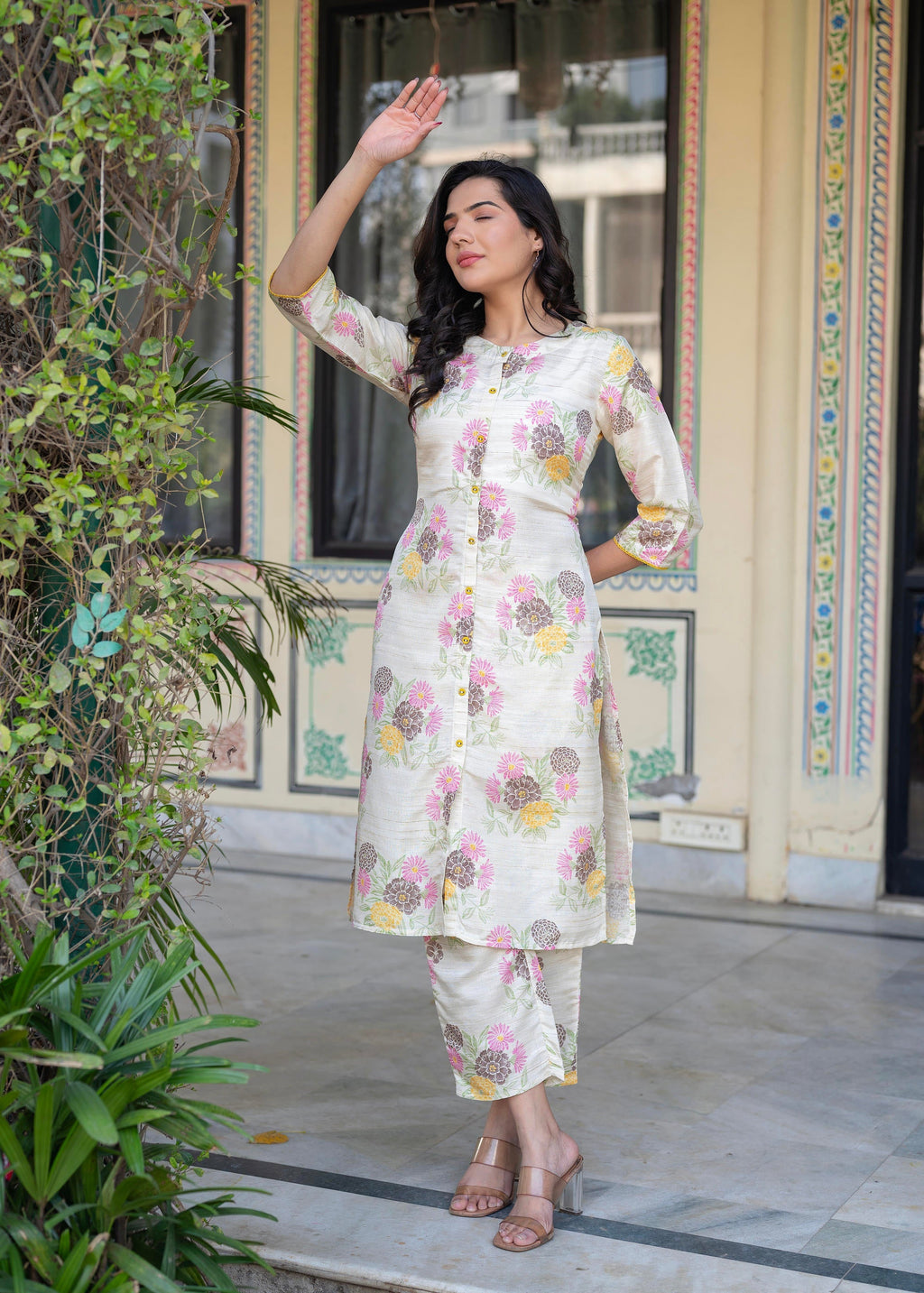 Juniper Ivory Floral Viscose Kurta with Printed Cotton Pant & Button Details | Grocsy