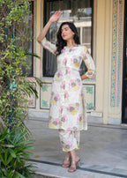 Juniper Ivory Floral Viscose Kurta with Printed Cotton Pant & Button Details | Grocsy