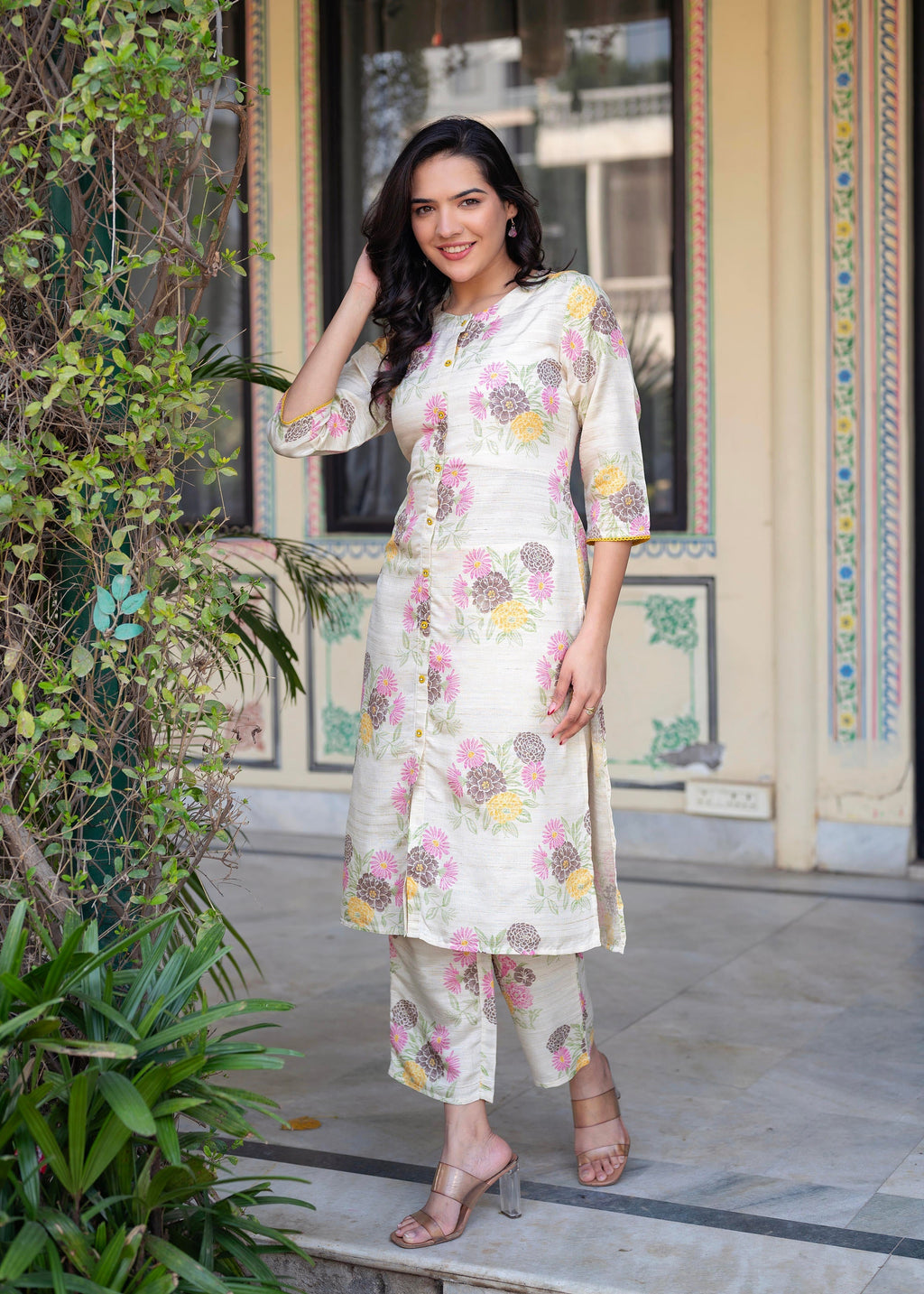 Juniper Ivory Floral Viscose Kurta with Printed Cotton Pant & Button Details | Grocsy