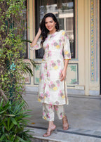 Juniper Ivory Floral Viscose Kurta with Printed Cotton Pant & Button Details | Grocsy