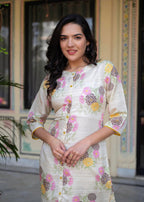 Juniper Ivory Floral Viscose Kurta with Printed Cotton Pant & Button Details | Grocsy