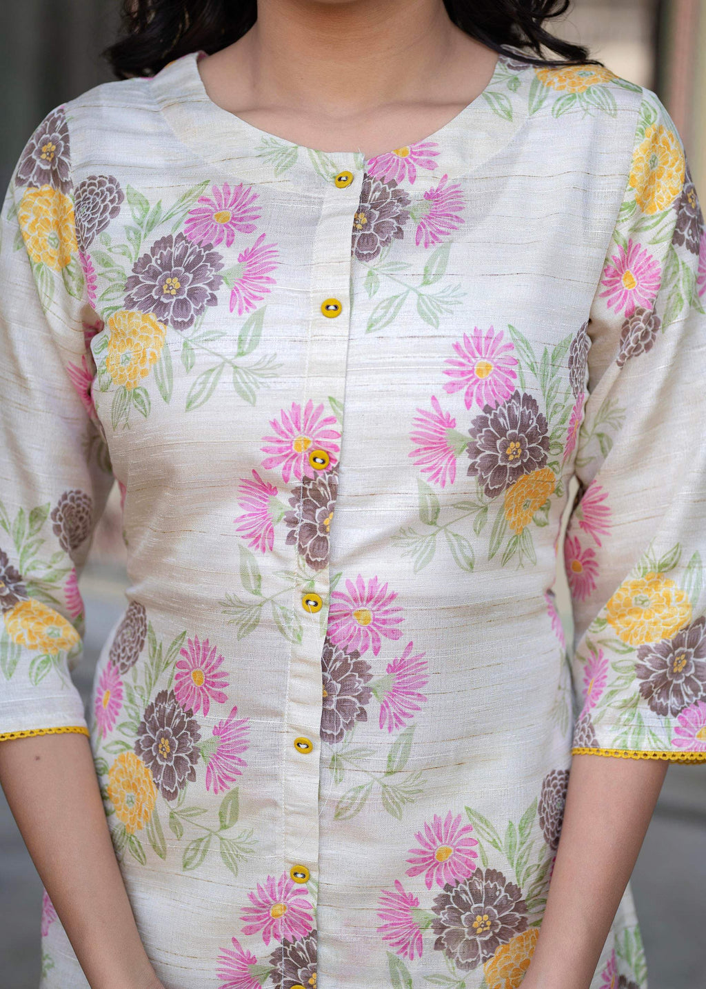 Juniper Ivory Floral Viscose Kurta with Printed Cotton Pant & Button Details | Grocsy