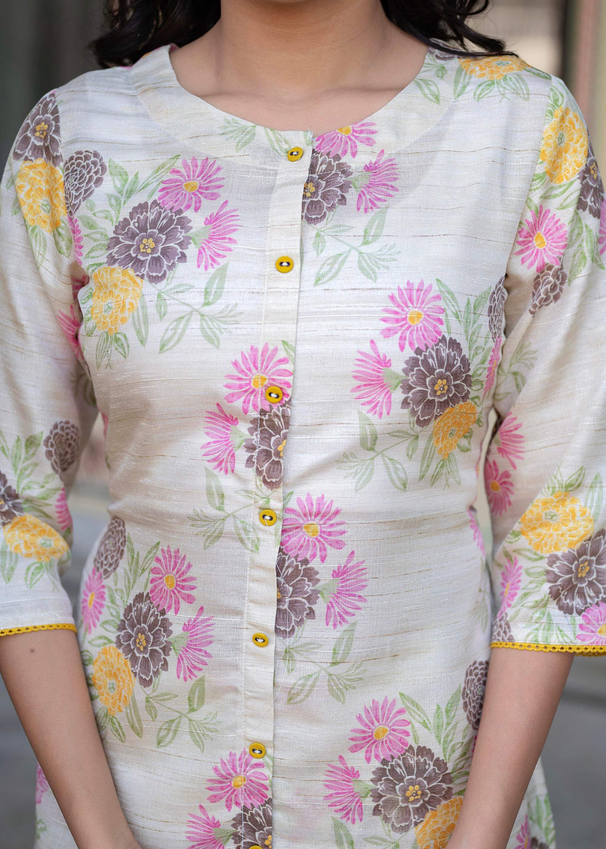 Juniper Ivory Floral Viscose Kurta with Printed Cotton Pant & Button Details | Grocsy