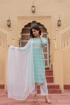 Juniper Light Blue Ethnic Motif Printed Viscose Kurta Set With Sequin & Thread Work | Grocsy