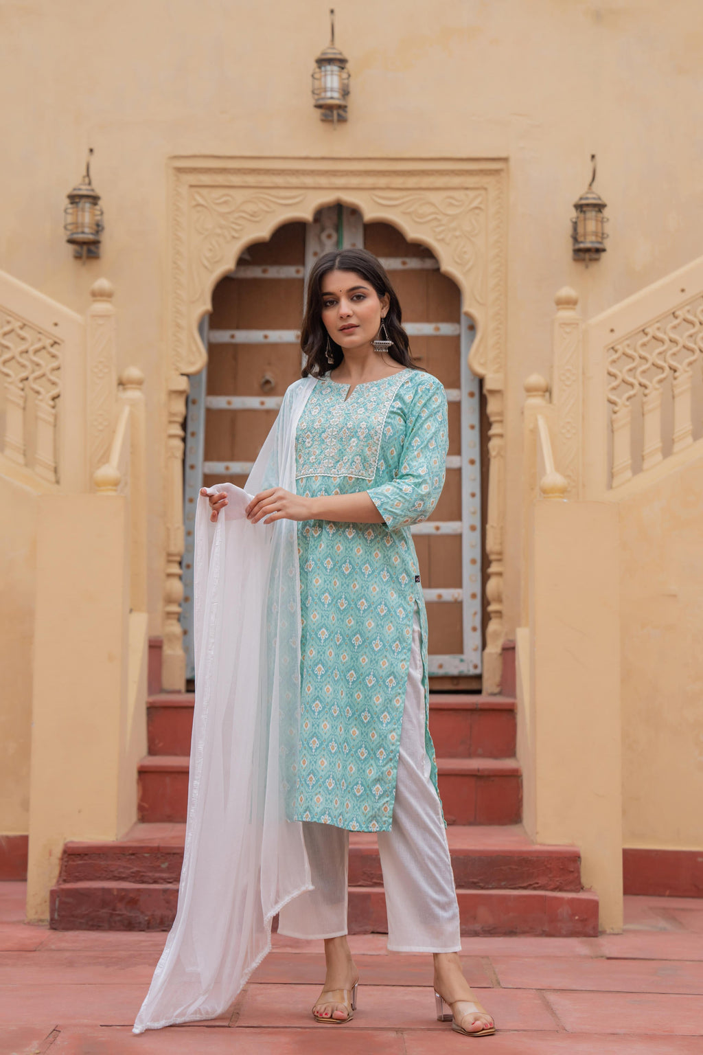 Juniper Light Blue Ethnic Motif Printed Viscose Kurta Set With Sequin & Thread Work | Grocsy