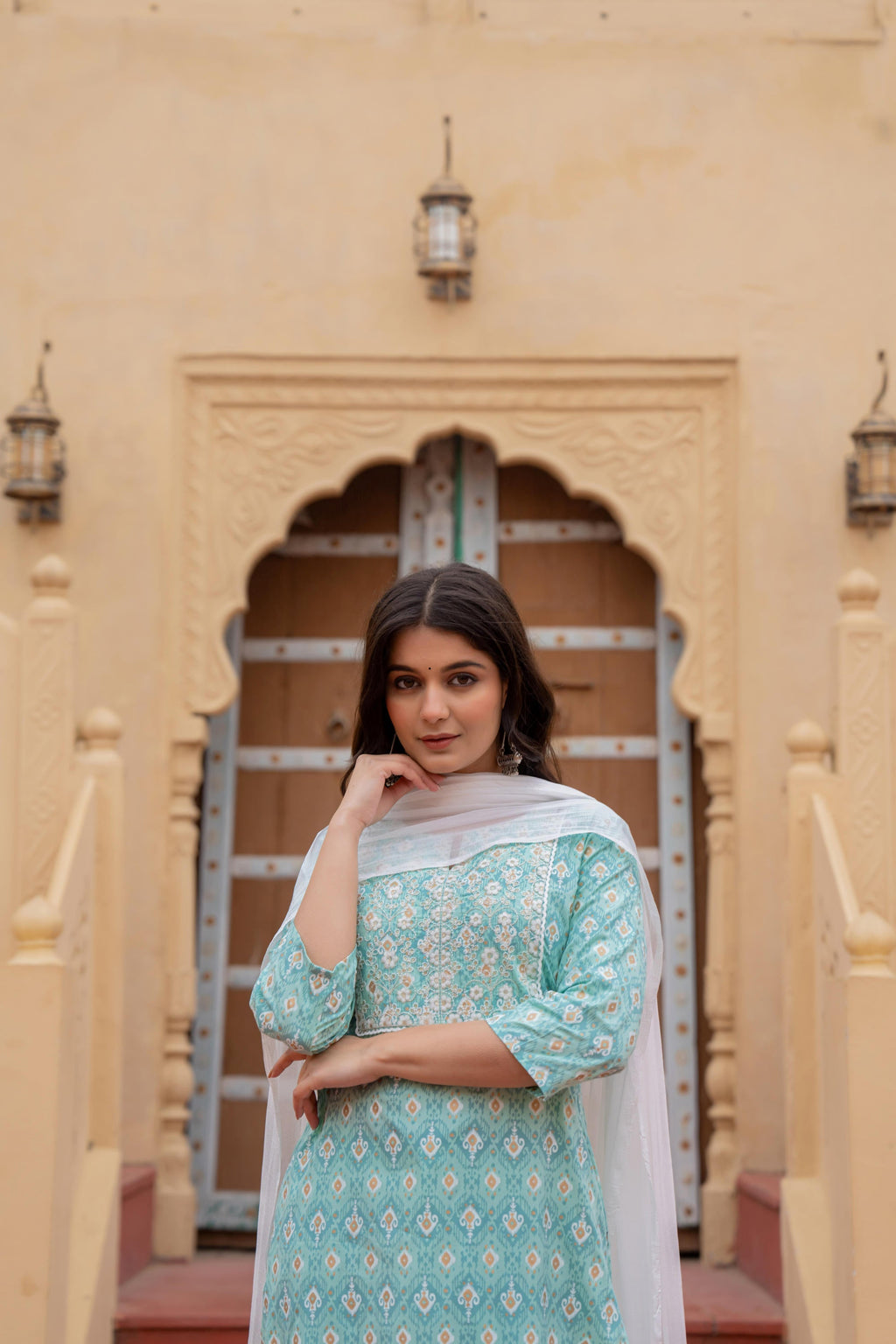 Juniper Women's Light Blue Ethnic Motif Printed Viscose Kurta Set With Sequin & Thread Work | Grocsy