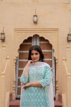 Juniper Light Blue Ethnic Motif Printed Viscose Kurta Set With Sequin & Thread Work | Grocsy