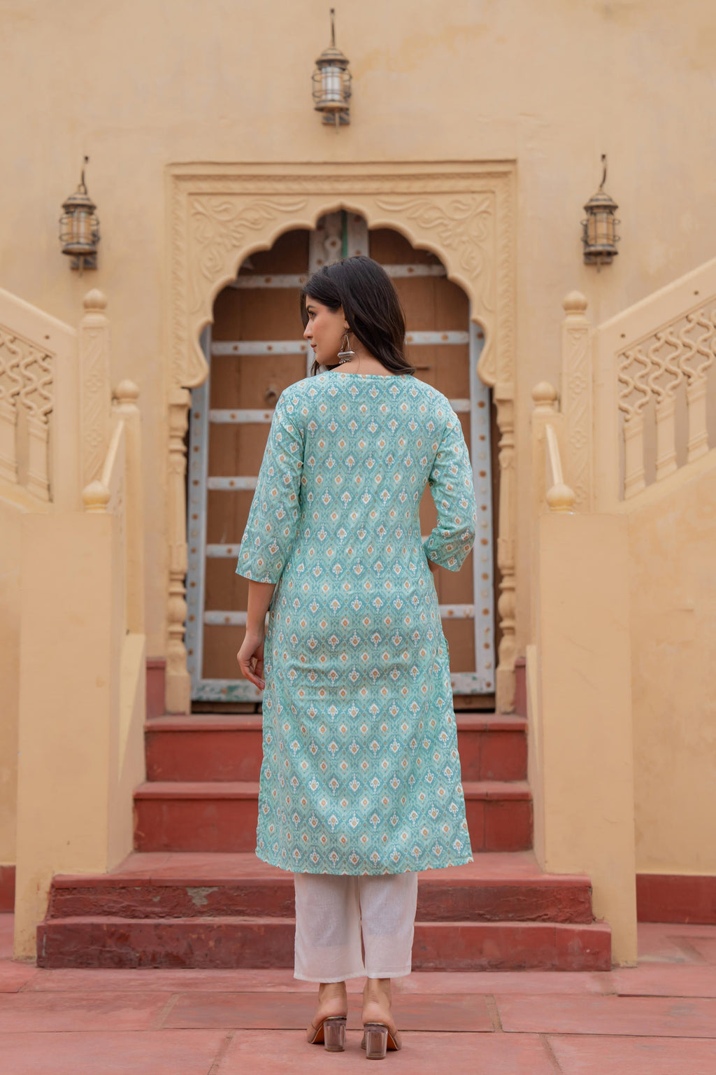 Juniper Women's Light Blue Ethnic Motif Printed Viscose Kurta Set With Sequin & Thread Work | Grocsy
