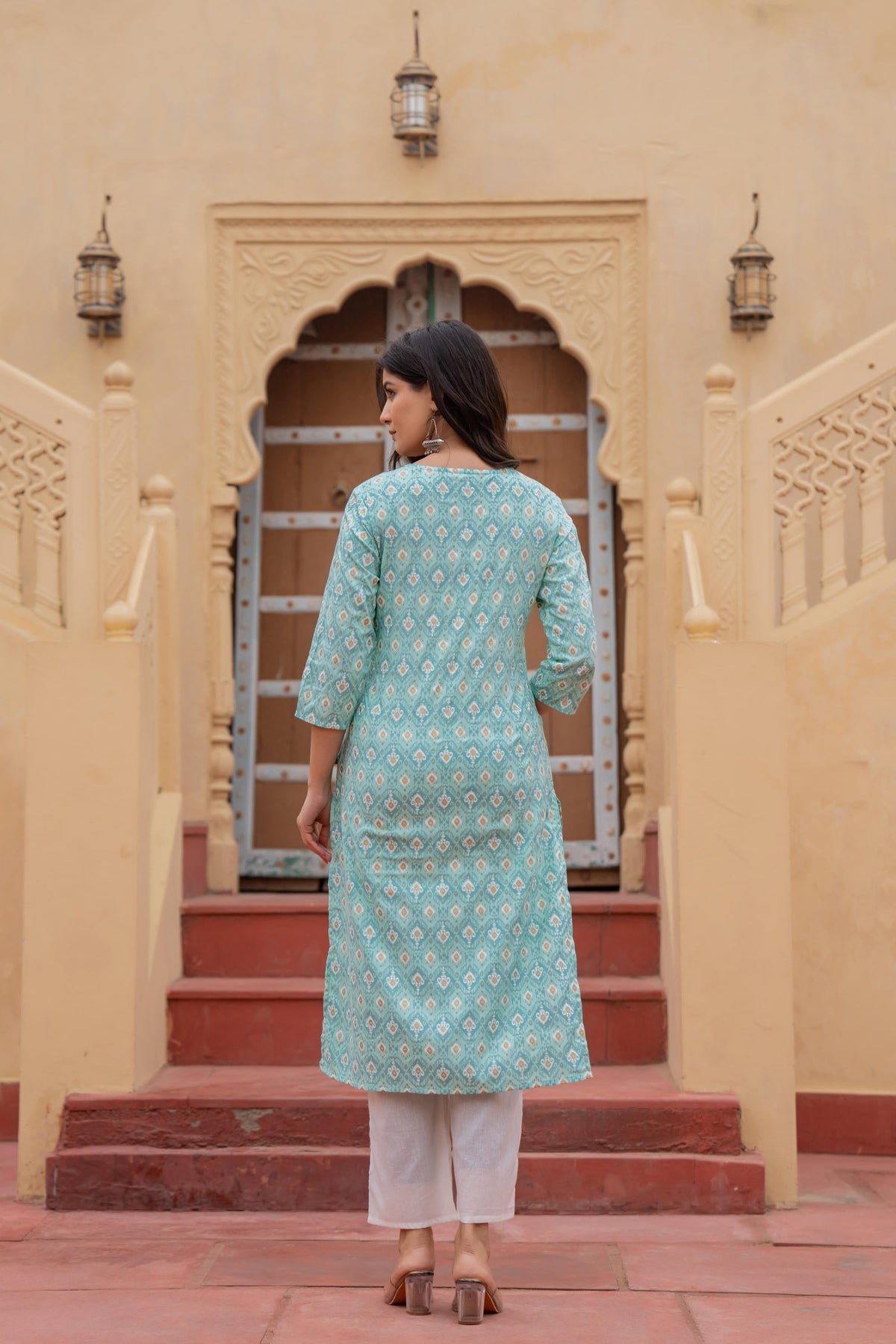 Juniper Women's Light Blue Ethnic Motif Printed Viscose Kurta Set With Sequin & Thread Work | Grocsy