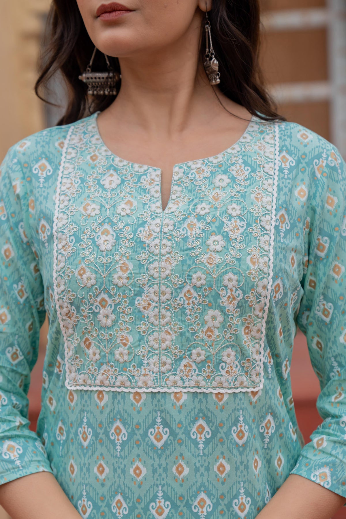 Juniper Light Blue Ethnic Motif Printed Viscose Kurta Set With Sequin & Thread Work | Grocsy