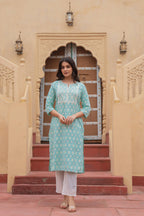 Juniper Women's Light Blue Ethnic Motif Printed Viscose Kurta Set With Sequin & Thread Work | Grocsy
