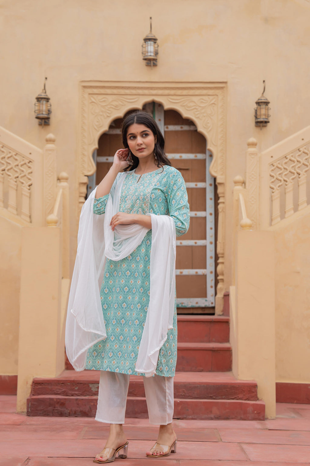 Juniper Women's Light Blue Ethnic Motif Printed Viscose Kurta Set With Sequin & Thread Work | Grocsy