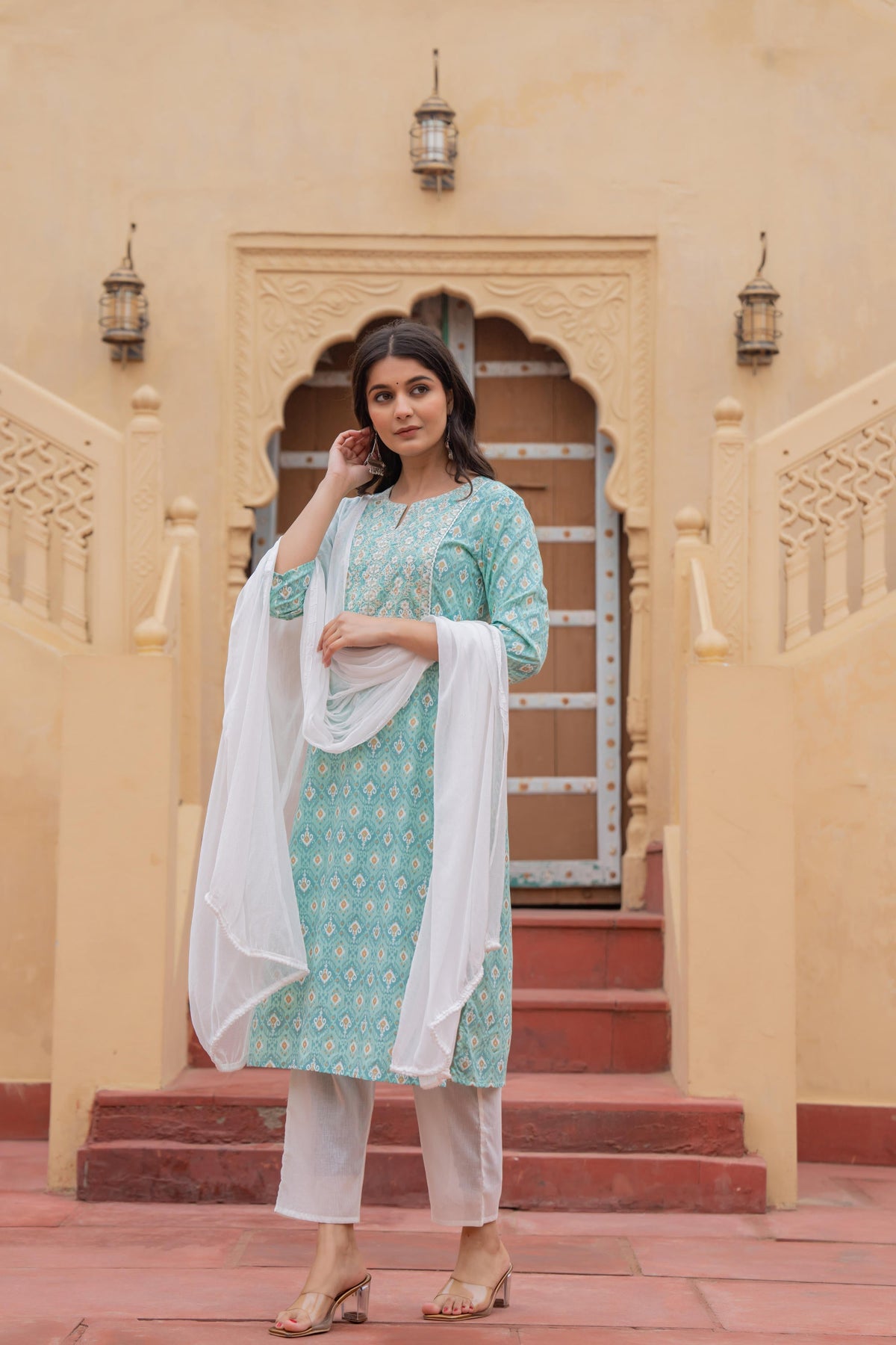 Juniper Women's Light Blue Ethnic Motif Printed Viscose Kurta Set With Sequin & Thread Work | Grocsy