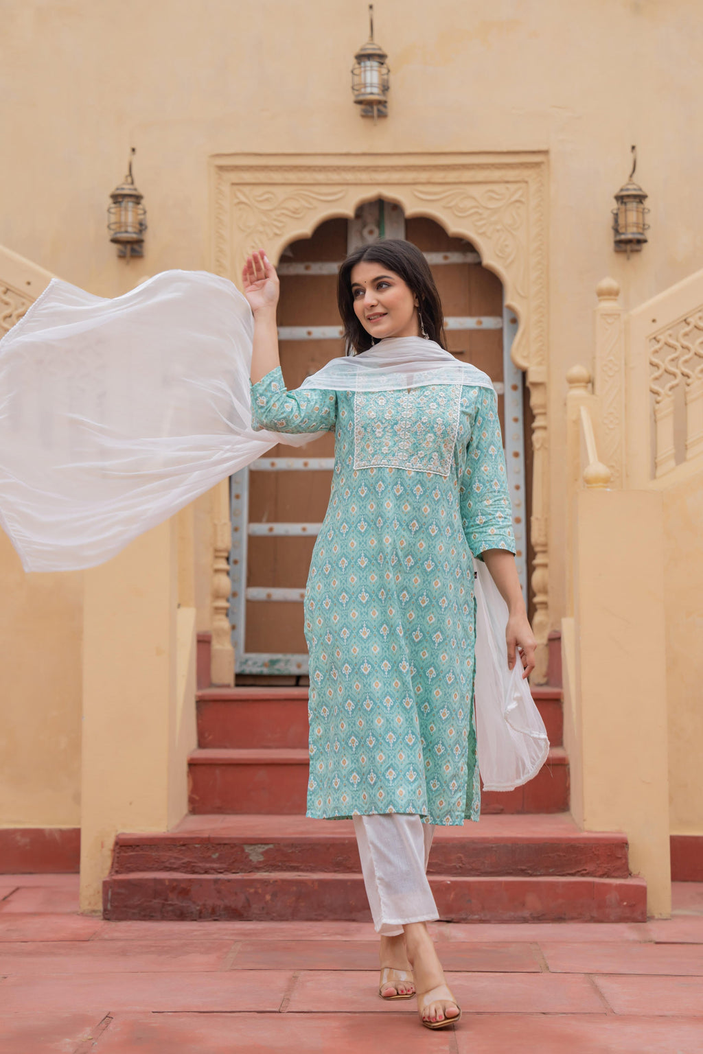 Juniper Women's Light Blue Ethnic Motif Printed Viscose Kurta Set With Sequin & Thread Work | Grocsy