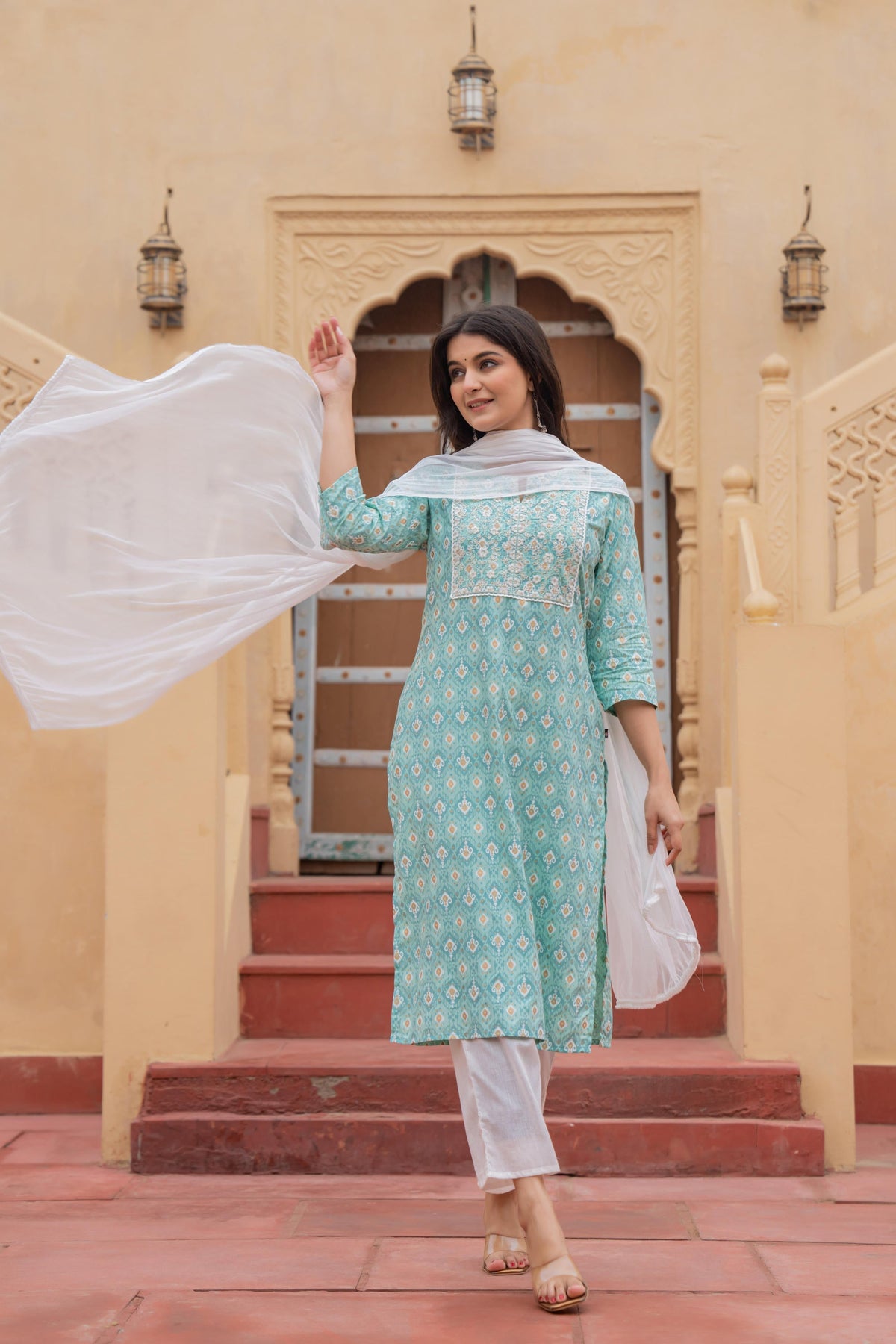 Juniper Women's Light Blue Ethnic Motif Printed Viscose Kurta Set With Sequin & Thread Work | Grocsy