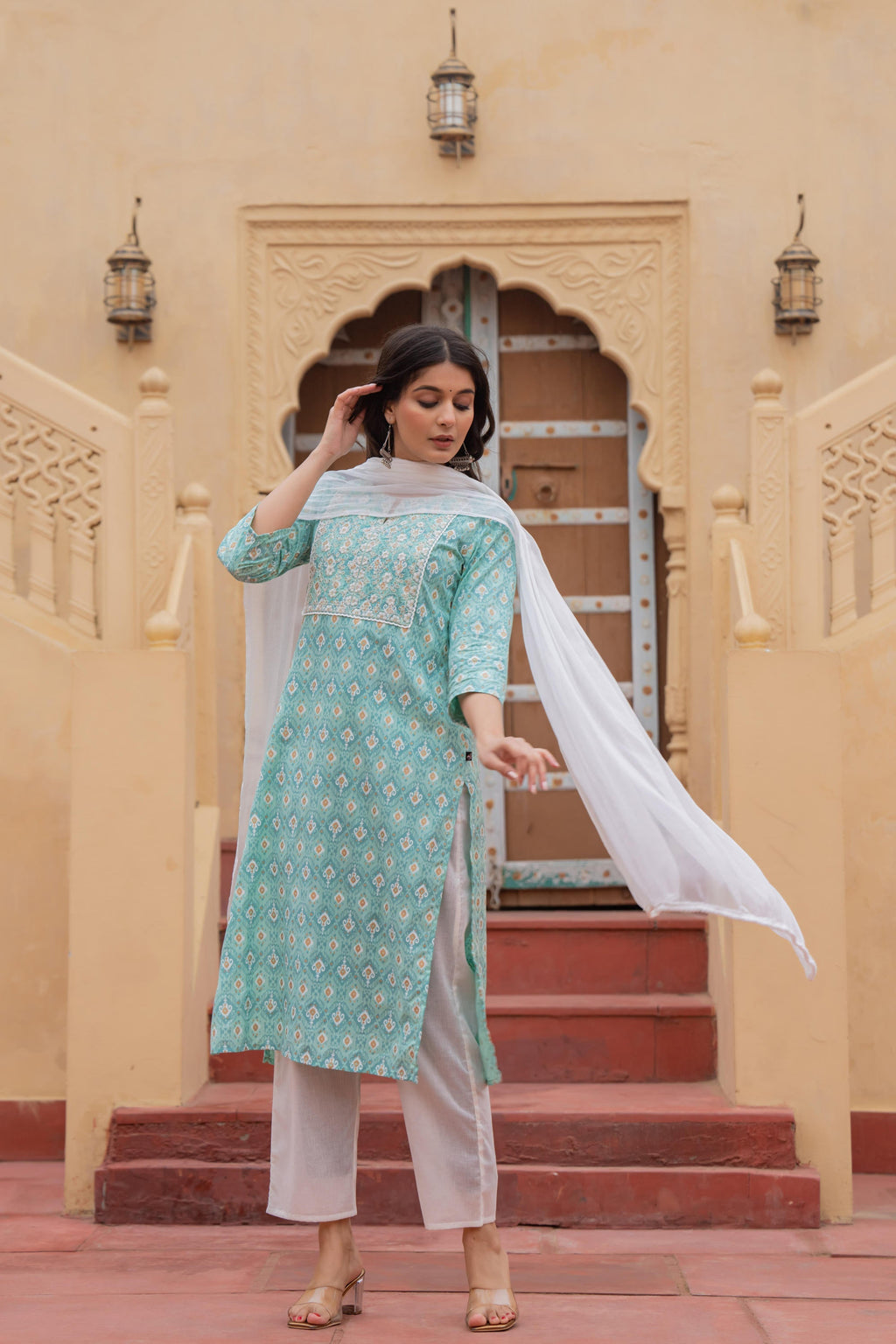 Juniper Women's Light Blue Ethnic Motif Printed Viscose Kurta Set With Sequin & Thread Work | Grocsy