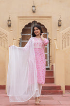 Juniper Women's Pink Ethnic Motif Printed Viscose Kurta Set With Sequin & Thread Work | Grocsy