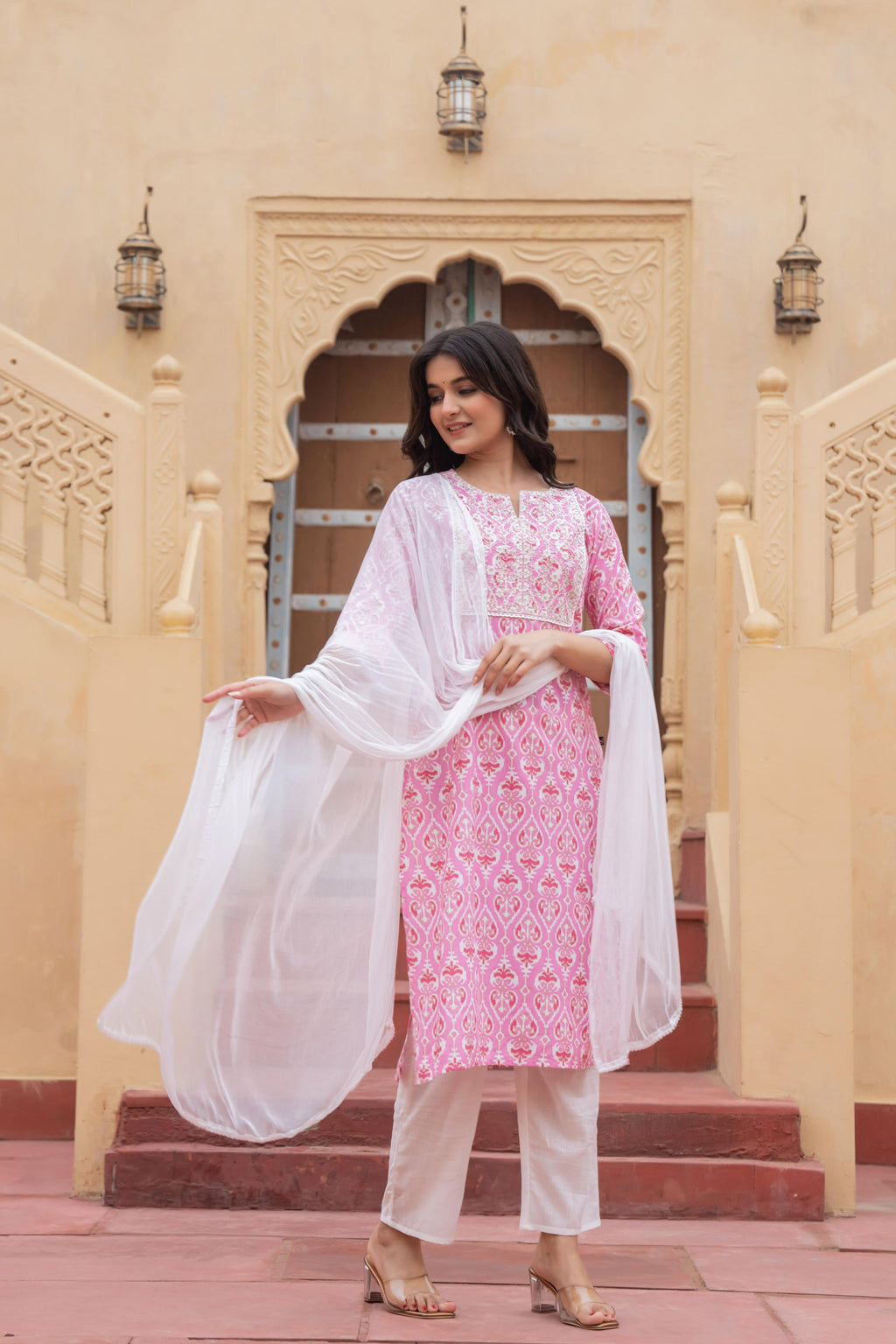 Juniper Women's Pink Ethnic Motif Printed Viscose Kurta Set With Sequin & Thread Work | Grocsy