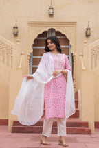 Juniper Women's Pink Ethnic Motif Printed Viscose Kurta Set With Sequin & Thread Work | Grocsy