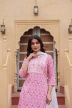 Juniper Women's Pink Ethnic Motif Printed Viscose Kurta Set With Sequin & Thread Work | Grocsy