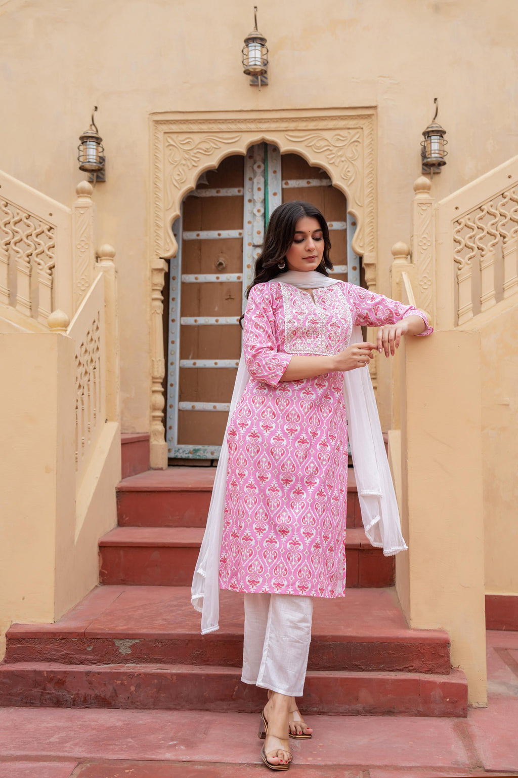 Juniper Women's Pink Ethnic Motif Printed Viscose Kurta Set With Sequin & Thread Work | Grocsy