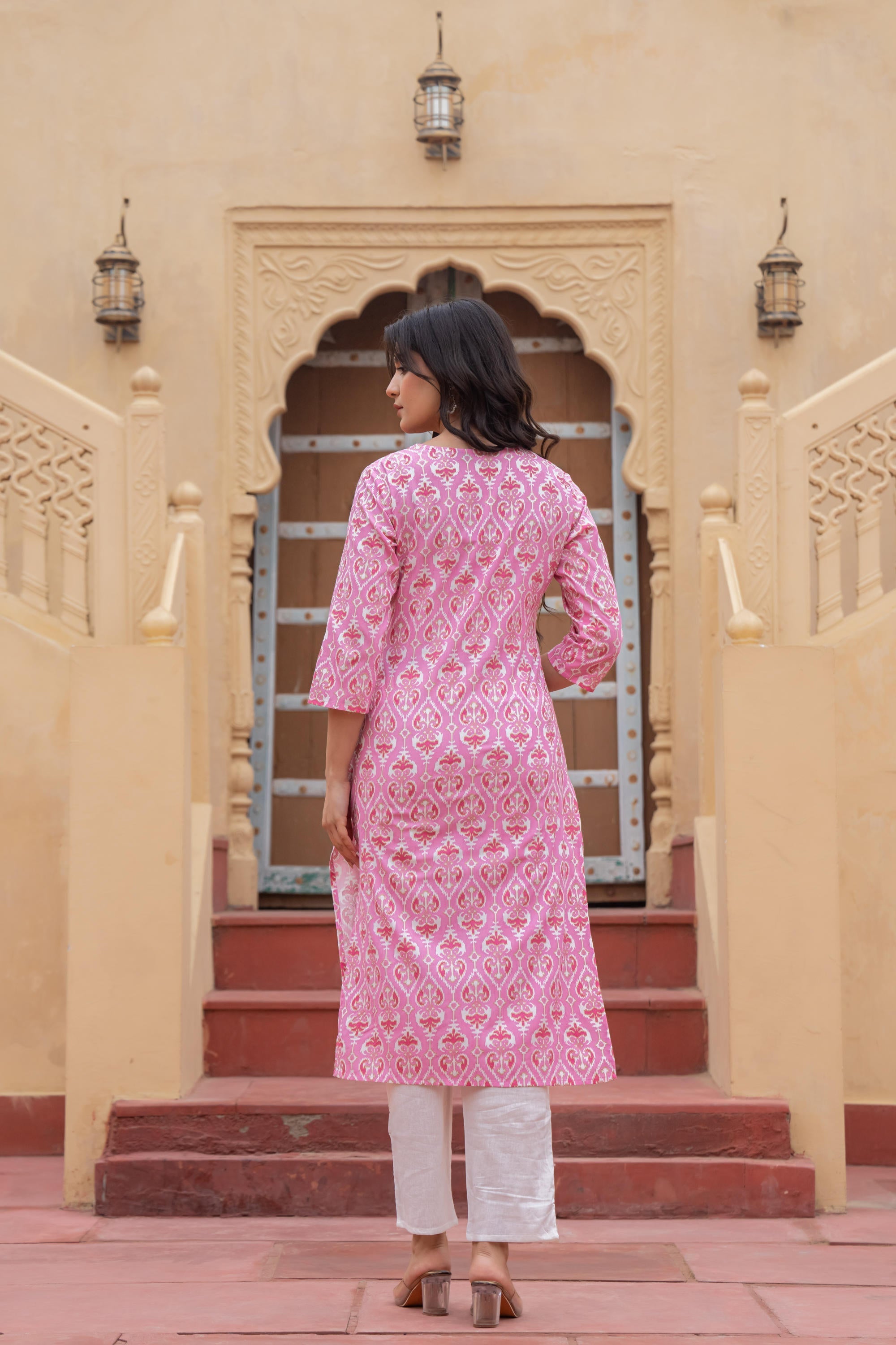Juniper Women's Pink Ethnic Motif Printed Viscose Kurta Set With Sequin & Thread Work | Grocsy