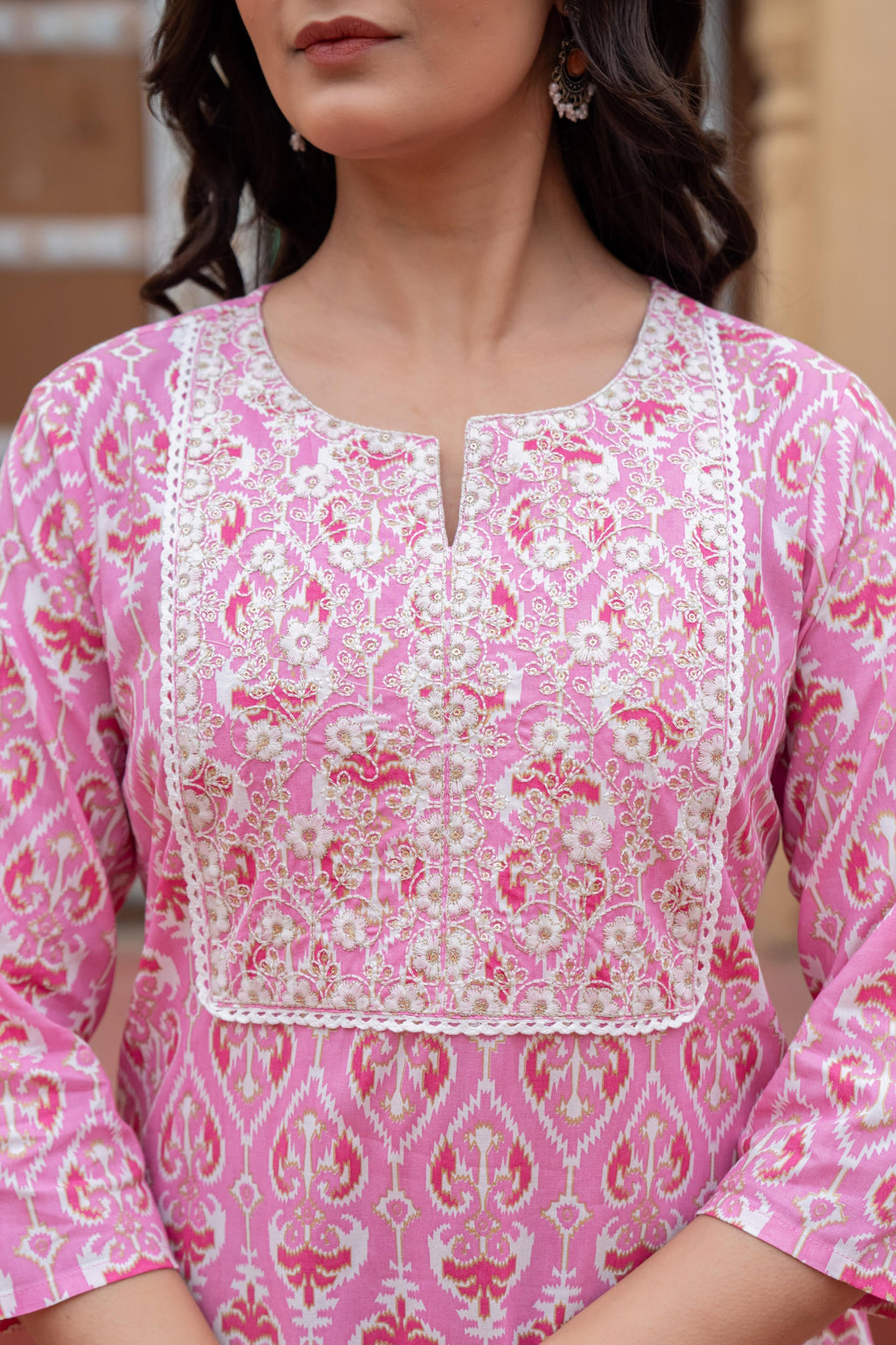 Juniper Women's Pink Ethnic Motif Printed Viscose Kurta Set With Sequin & Thread Work | Grocsy