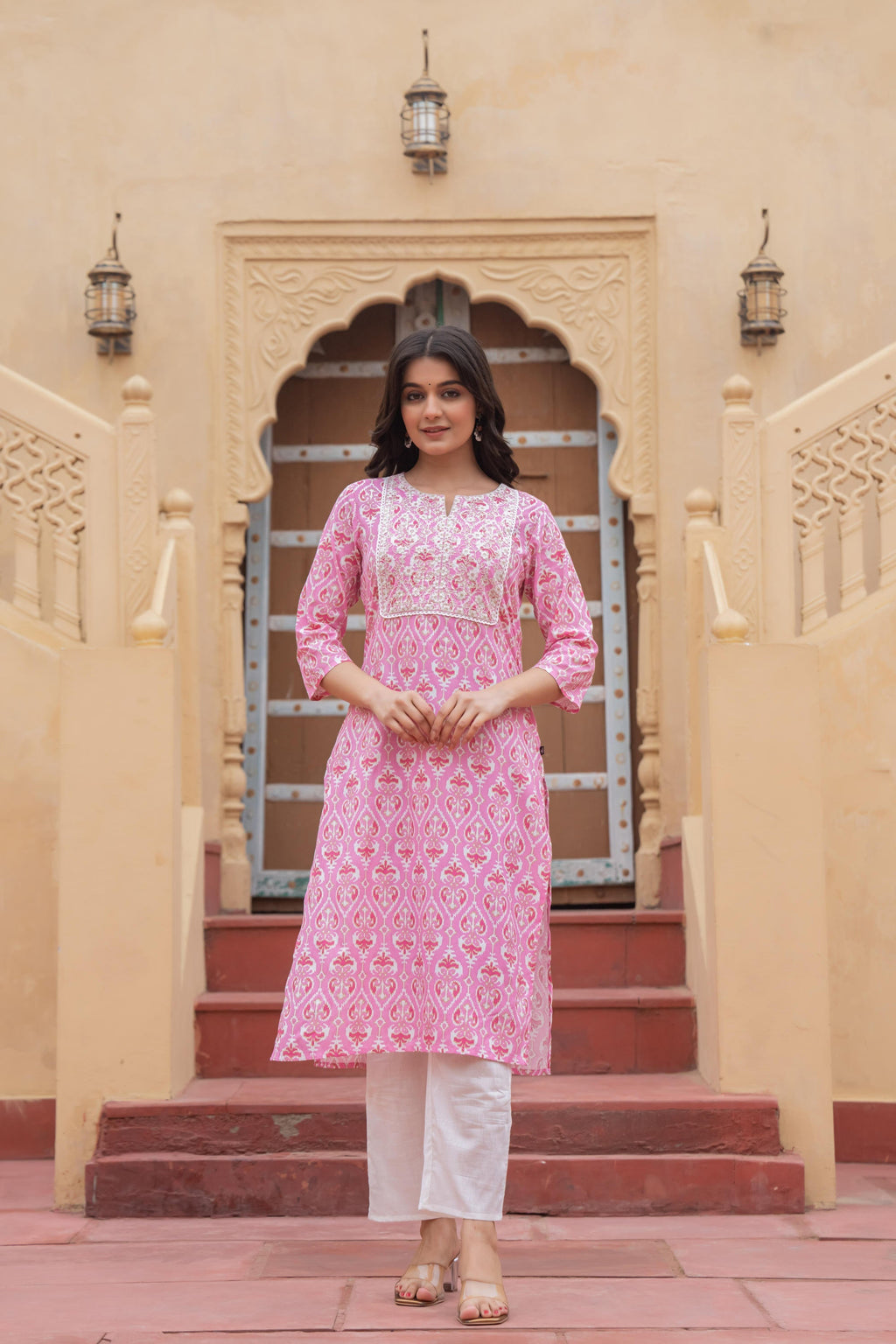 Juniper Women's Pink Ethnic Motif Printed Viscose Kurta Set With Sequin & Thread Work | Grocsy