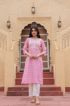Juniper Women's Pink Ethnic Motif Printed Viscose Kurta Set With Sequin & Thread Work | Grocsy