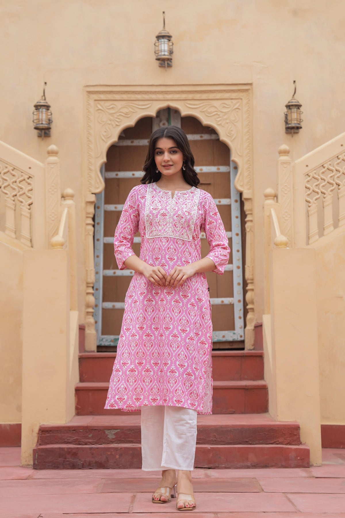 Juniper Women's Pink Ethnic Motif Printed Viscose Kurta Set With Sequin & Thread Work | Grocsy