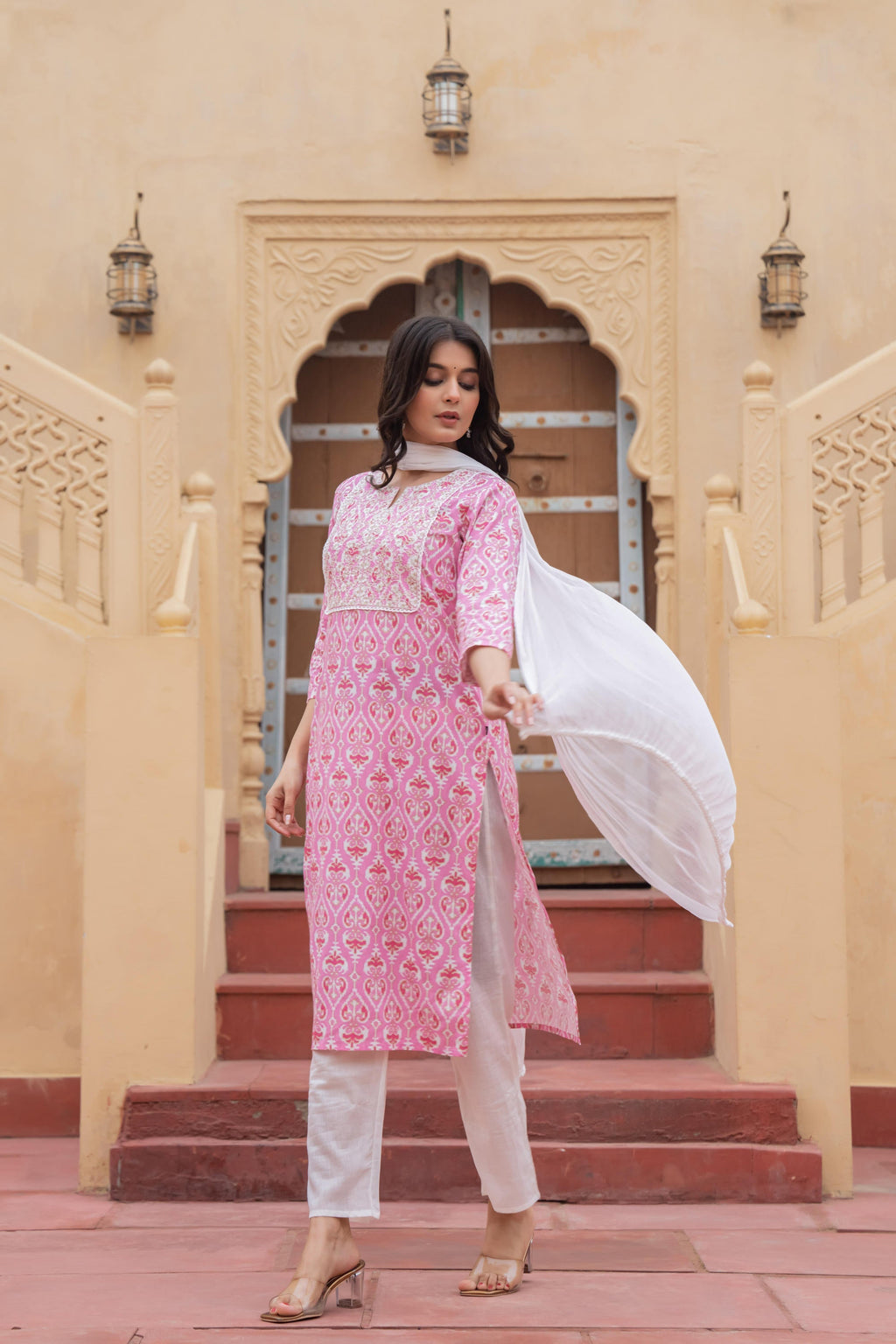 Juniper Women's Pink Ethnic Motif Printed Viscose Kurta Set With Sequin & Thread Work | Grocsy