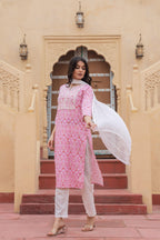 Juniper Women's Pink Ethnic Motif Printed Viscose Kurta Set With Sequin & Thread Work | Grocsy