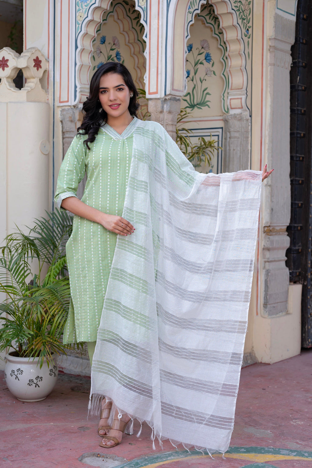 Juniper Sage Green Brocade Kurta-Pant & Dupatta Set with Sequins | Grocsy