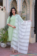 Juniper Sage Green Brocade Kurta-Pant & Dupatta Set With Sequins | Grocsy