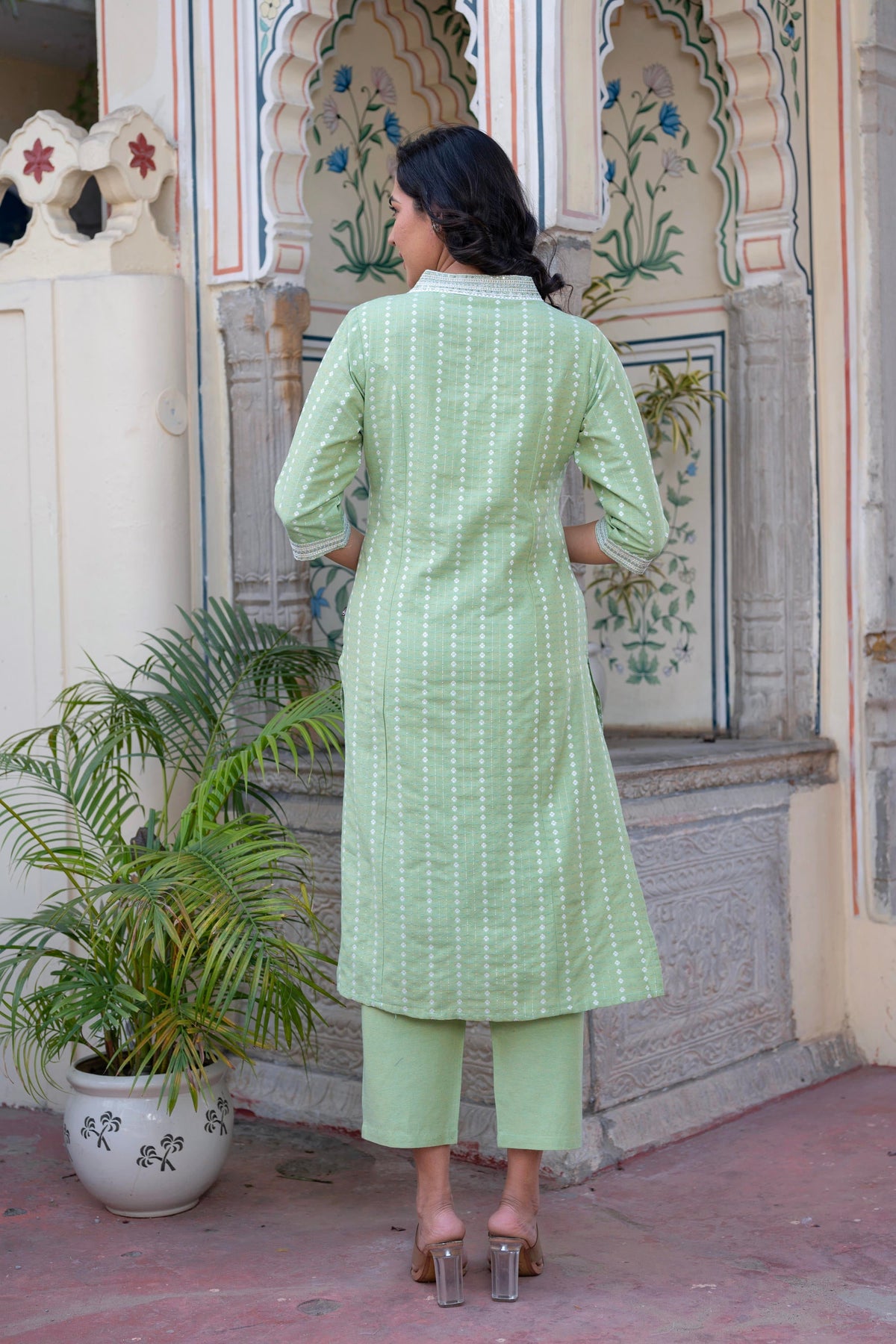 Juniper Sage Green Brocade Kurta-Pant & Dupatta Set with Sequins | Grocsy