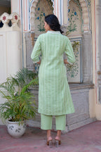 Juniper Sage Green Brocade Kurta-Pant & Dupatta Set With Sequins | Grocsy