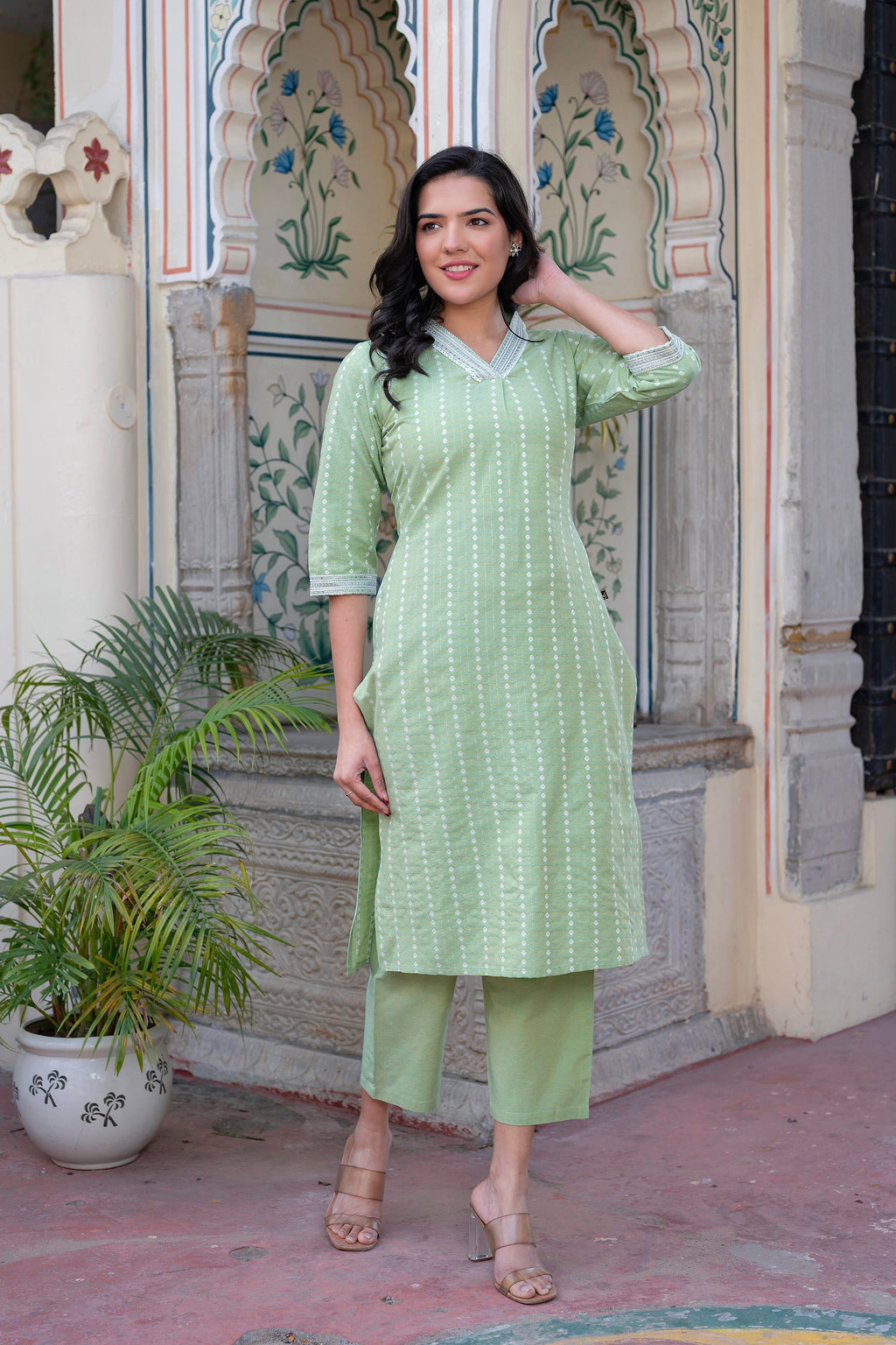 Juniper Sage Green Brocade Kurta-Pant & Dupatta Set with Sequins | Grocsy