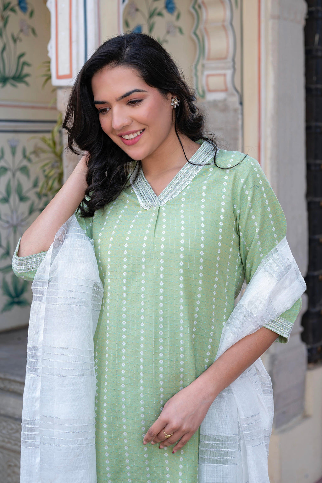 Juniper Sage Green Brocade Kurta-Pant & Dupatta Set with Sequins | Grocsy