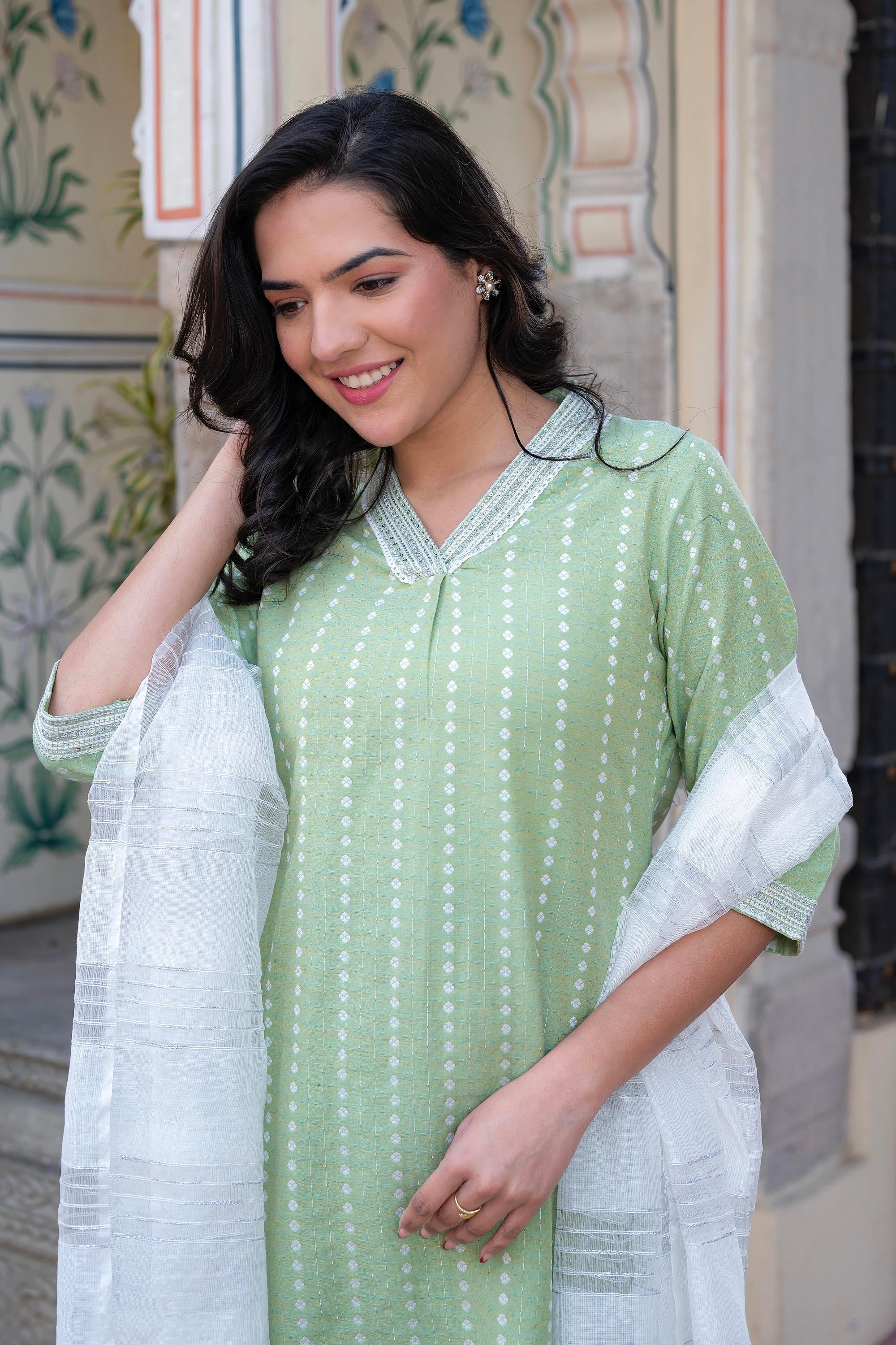 Juniper Sage Green Brocade Kurta-Pant & Dupatta Set with Sequins | Grocsy